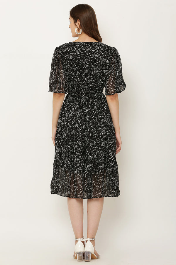 PAVONINE Micro Dots V-Neck Georgette Fabric Black Dress For Women - Distacart