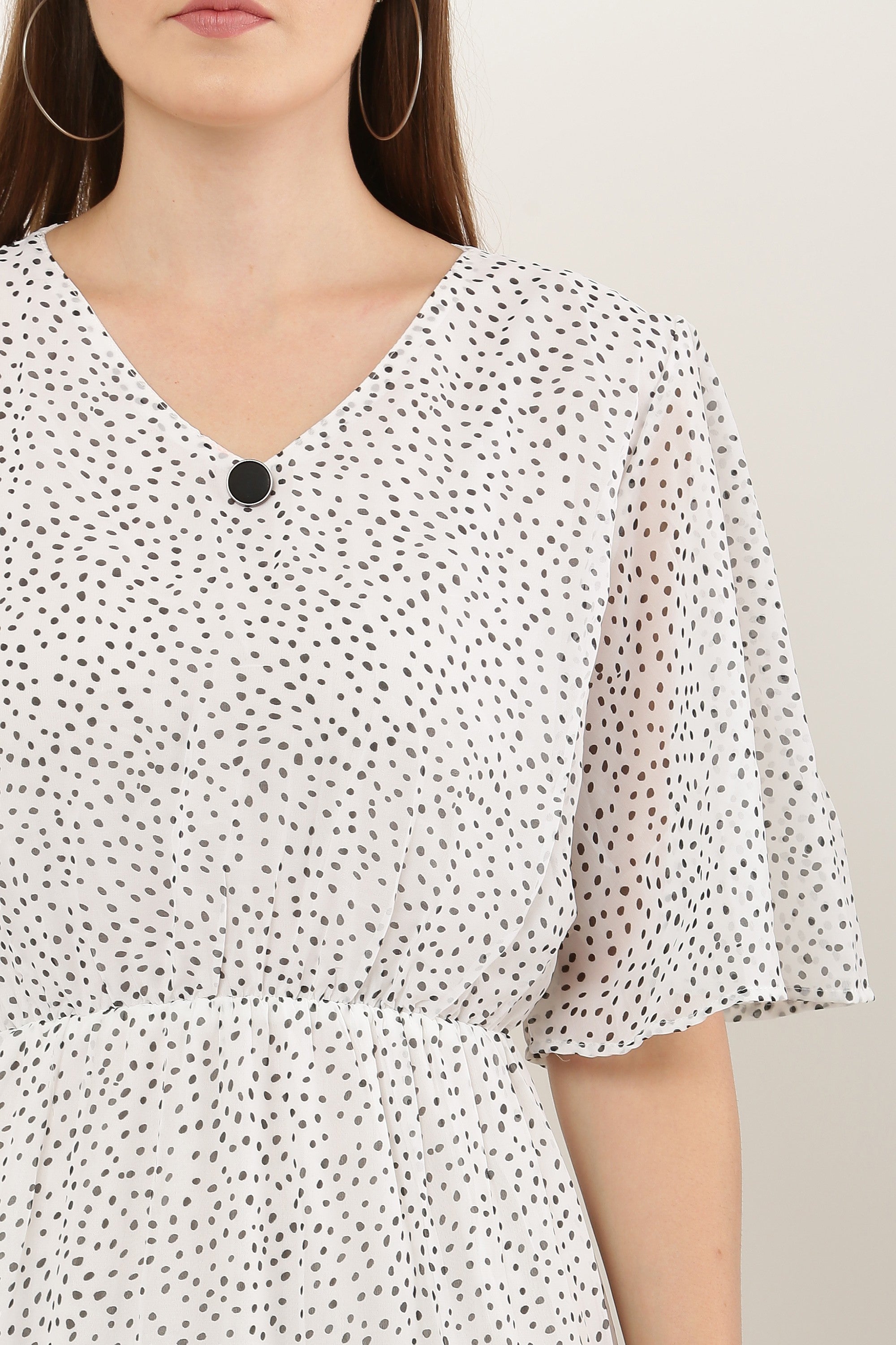 PAVONINE Micro Dots V-Neck Georgette Fabric White Dress For Women - Distacart