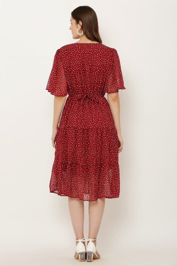 PAVONINE Micro Dots V-Neck Georgette Fabric Maroon Dress For Women - Distacart