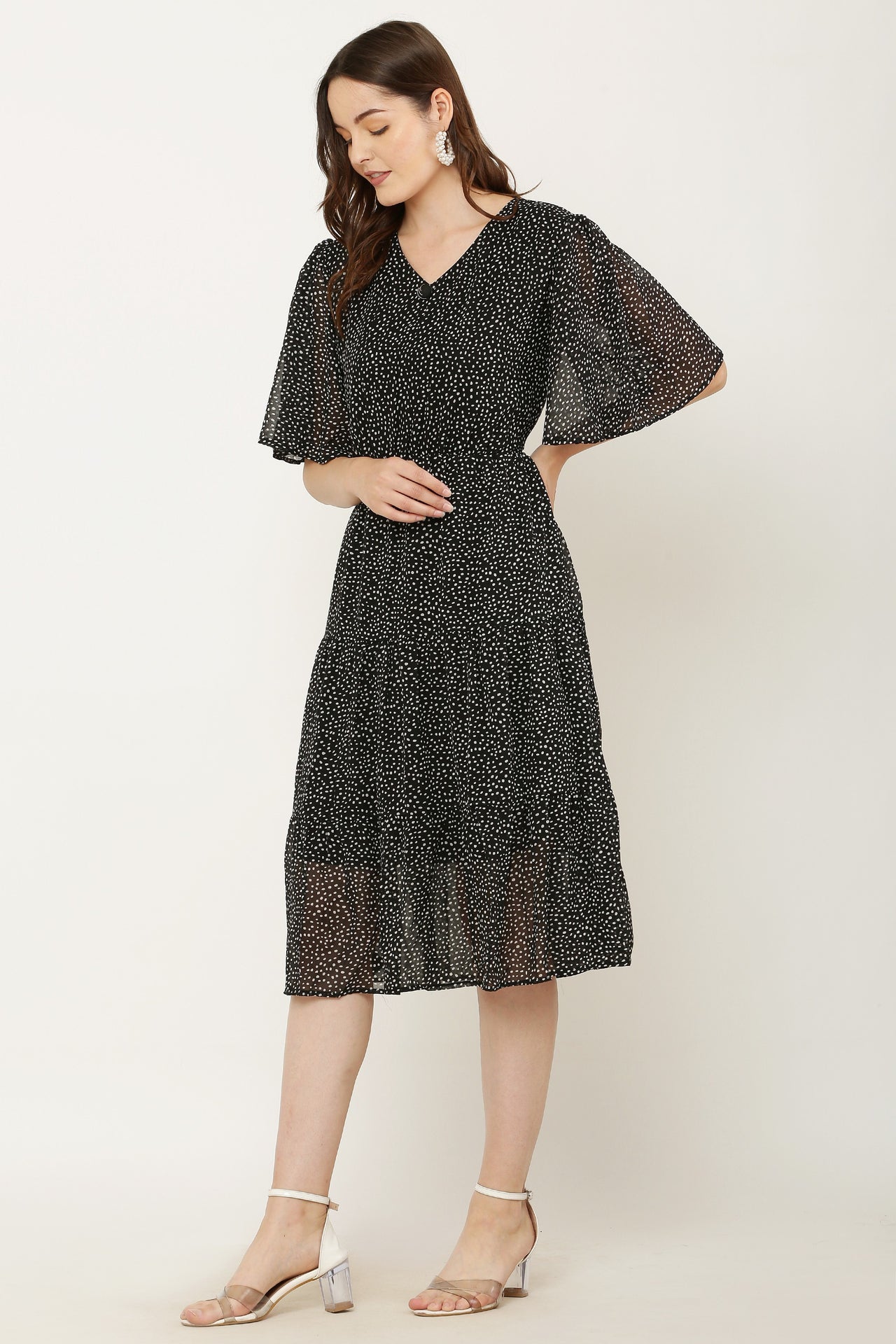 PAVONINE Micro Dots V-Neck Georgette Fabric Black Dress For Women - Distacart