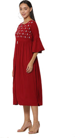 Thumbnail for PAVONINE Wine Color Embroidery Work With Button Dress For Women - Distacart