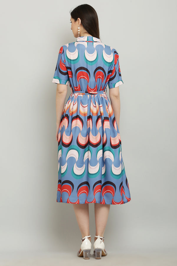 PAVONINE Zig-Zag Multi-Colors Printed Crepe Fabric Firozi Dress For Women - Distacart