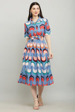 Thumbnail for PAVONINE Zig-Zag Multi-Colors Printed Crepe Fabric Firozi Dress For Women - Distacart