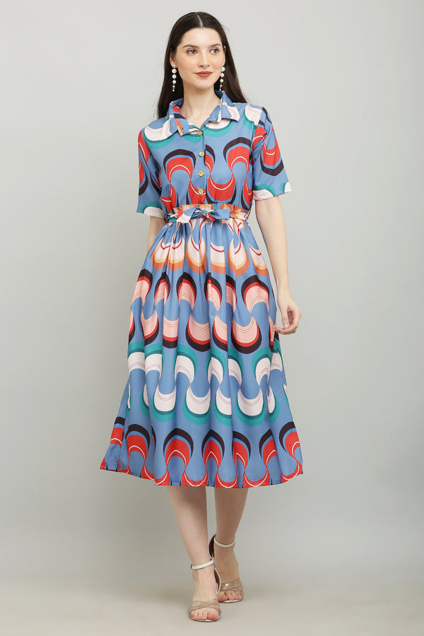 PAVONINE Zig-Zag Multi-Colors Printed Crepe Fabric Firozi Dress For Women - Distacart