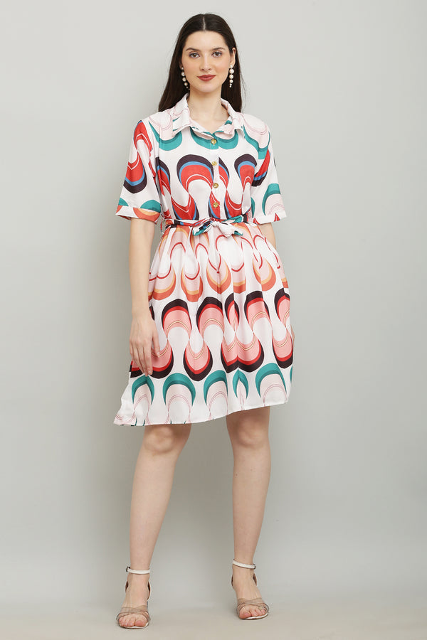 PAVONINE Zig-Zag Multi-Colors Printed Crepe Fabric White Dress For Women - Distacart