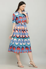 Thumbnail for PAVONINE Zig-Zag Multi-Colors Printed Crepe Fabric Firozi Dress For Women - Distacart
