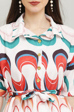 Thumbnail for PAVONINE Zig-Zag Multi-Colors Printed Crepe Fabric White Dress For Women - Distacart