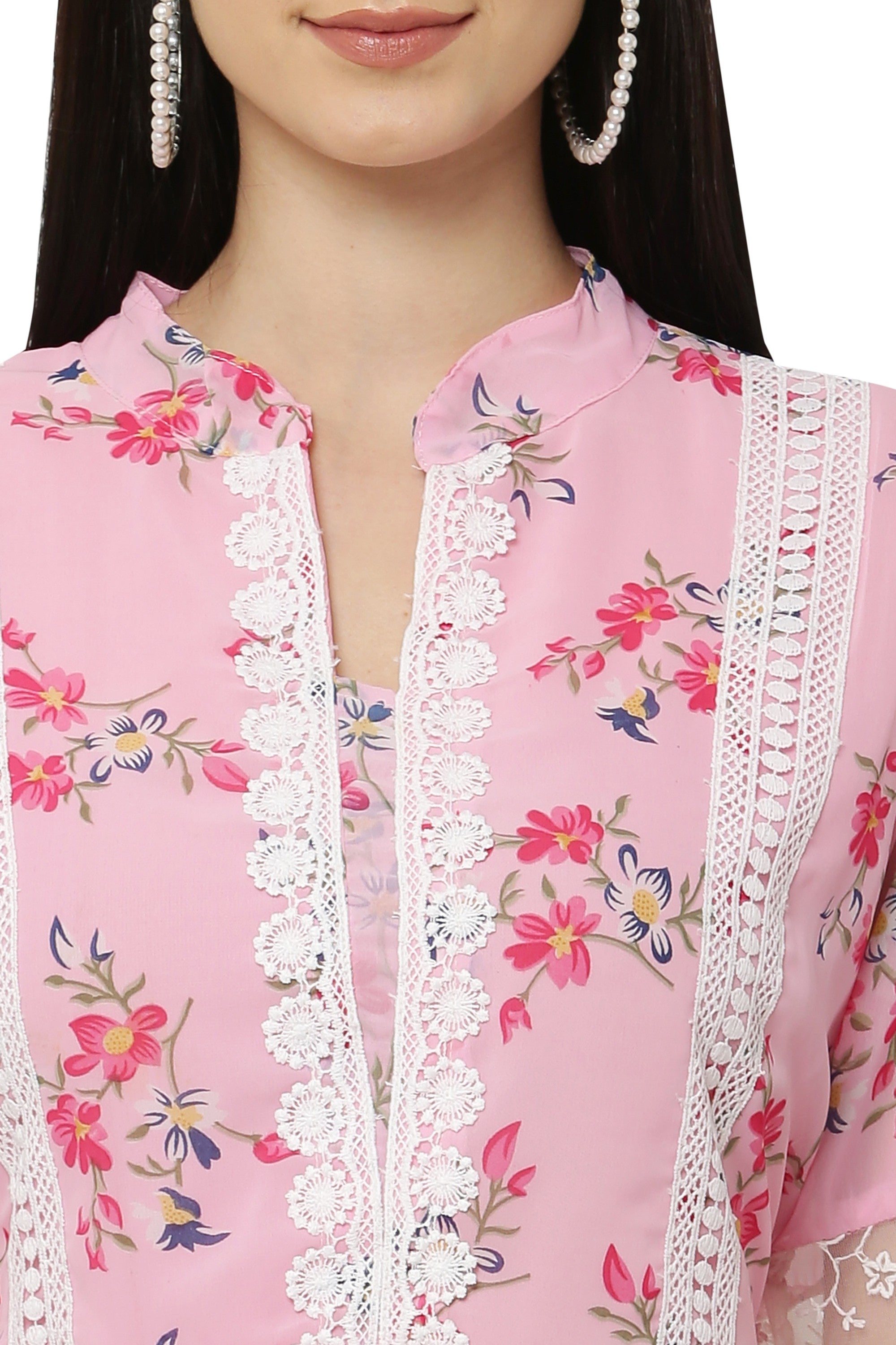 PAVONINE Pink Color Flower Printed Lace Bottom Dress For Girls & Women - Distacart