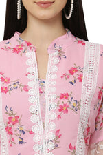 Thumbnail for PAVONINE Pink Color Flower Printed Lace Bottom Dress For Girls & Women - Distacart