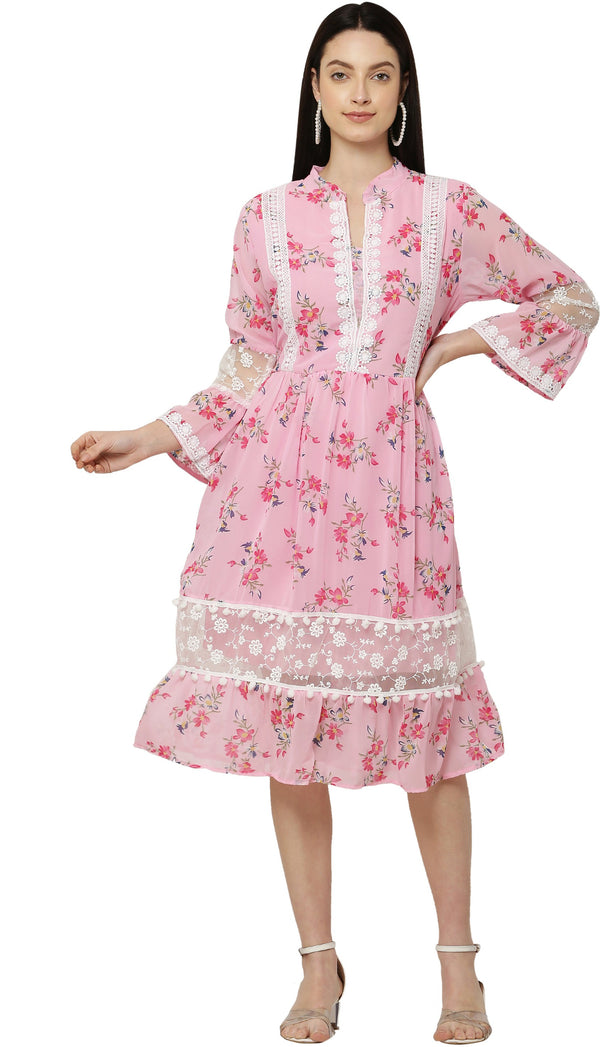 PAVONINE Pink Color Flower Printed Lace Bottom Dress For Girls & Women - Distacart