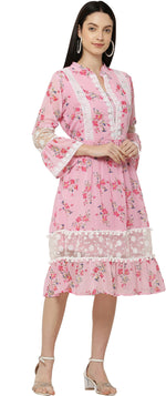 Thumbnail for PAVONINE Pink Color Flower Printed Lace Bottom Dress For Girls & Women - Distacart