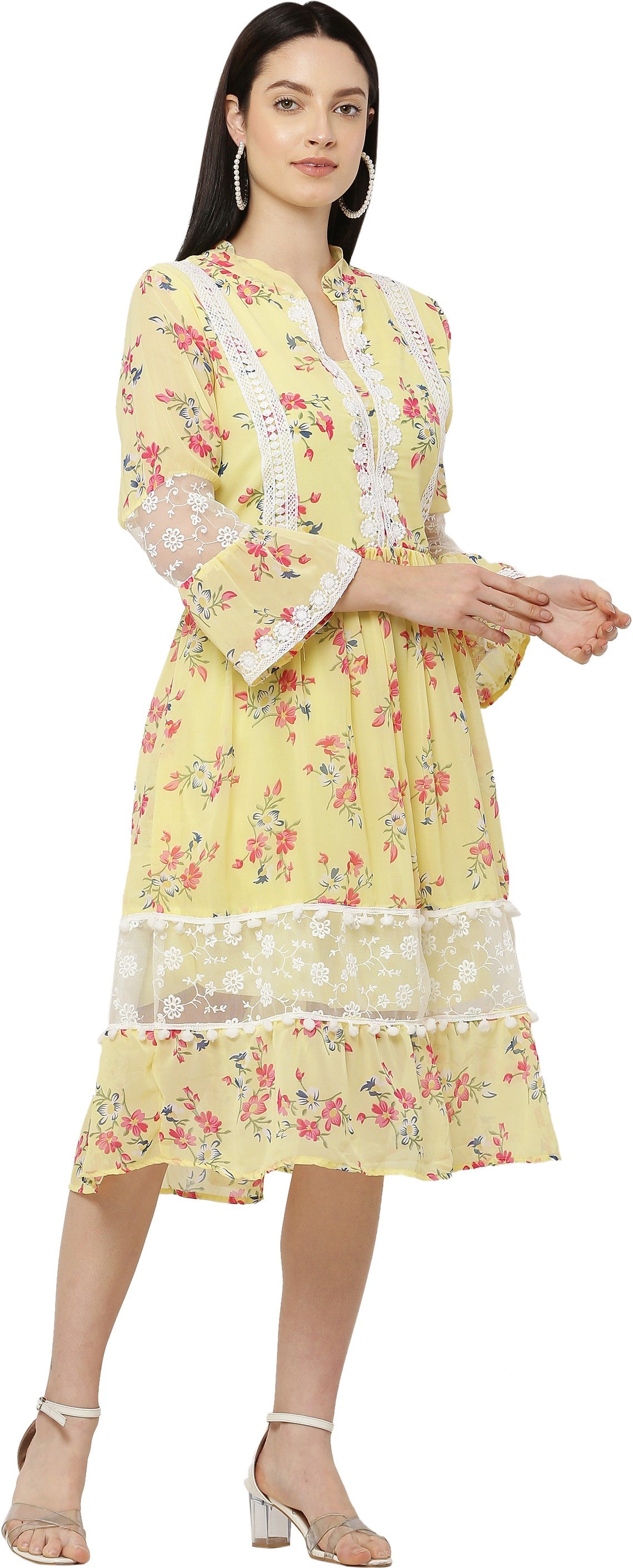 PAVONINE Yellow Color Flower Printed Lace Bottom Dress For Girls & Women - Distacart