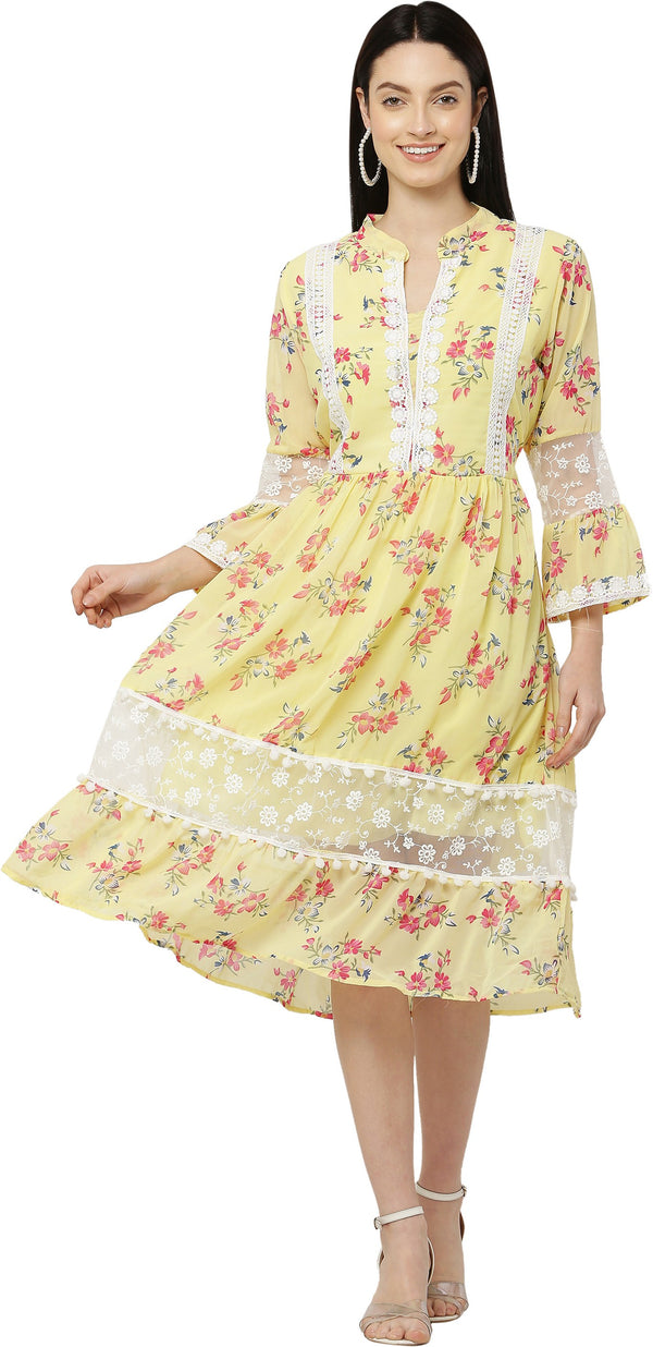 PAVONINE Yellow Color Flower Printed Lace Bottom Dress For Girls & Women - Distacart