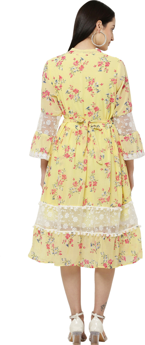 PAVONINE Yellow Color Flower Printed Lace Bottom Dress For Girls & Women - Distacart
