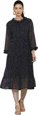 Thumbnail for PAVONINE Micro Dots Frill-Neck Georgette Fabric Navy Blue Dress For Women - Distacart