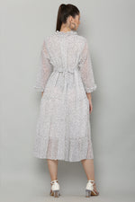 Thumbnail for PAVONINE Micro Dots Frill-Neck Georgette Fabric White Dress For Women - Distacart