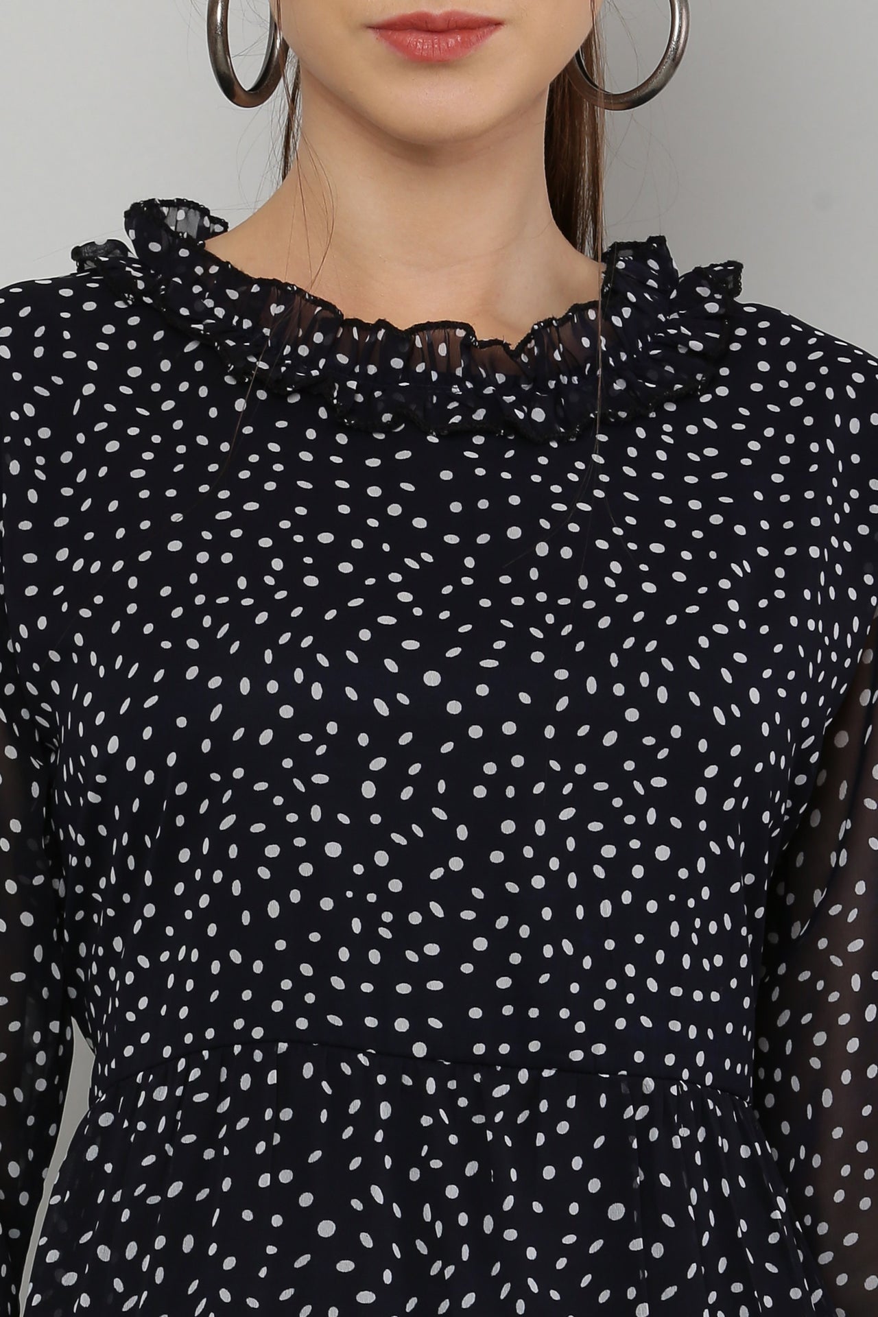 PAVONINE Micro Dots Frill-Neck Georgette Fabric Navy Blue Dress For Women - Distacart