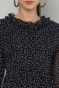 Thumbnail for PAVONINE Micro Dots Frill-Neck Georgette Fabric Navy Blue Dress For Women - Distacart