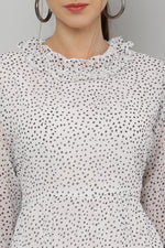 Thumbnail for PAVONINE Micro Dots Frill-Neck Georgette Fabric White Dress For Women - Distacart