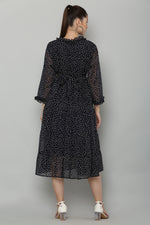 Thumbnail for PAVONINE Micro Dots Frill-Neck Georgette Fabric Navy Blue Dress For Women - Distacart