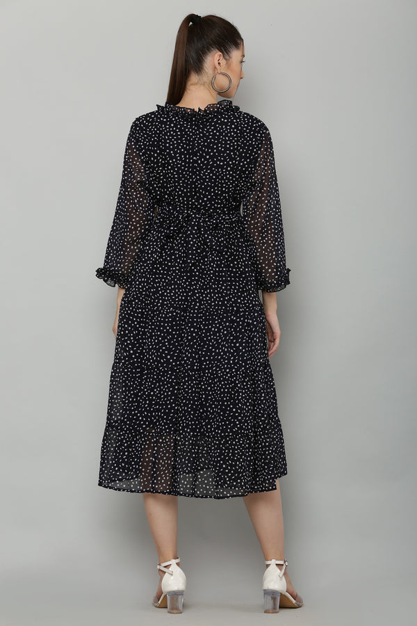 PAVONINE Micro Dots Frill-Neck Georgette Fabric Navy Blue Dress For Women - Distacart