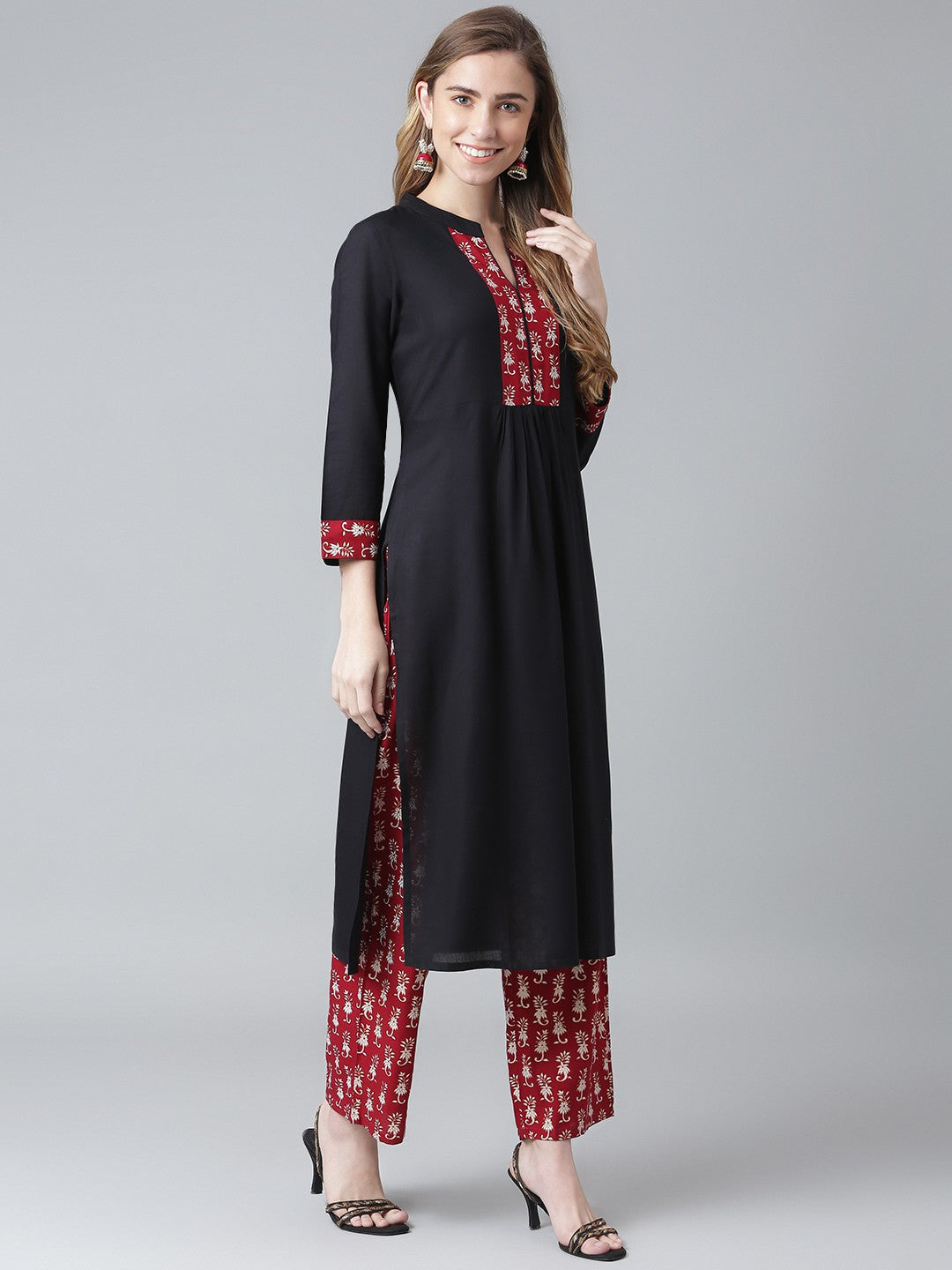 Khushal K Black Color Rayon Printed Kurta And Palazzo Set