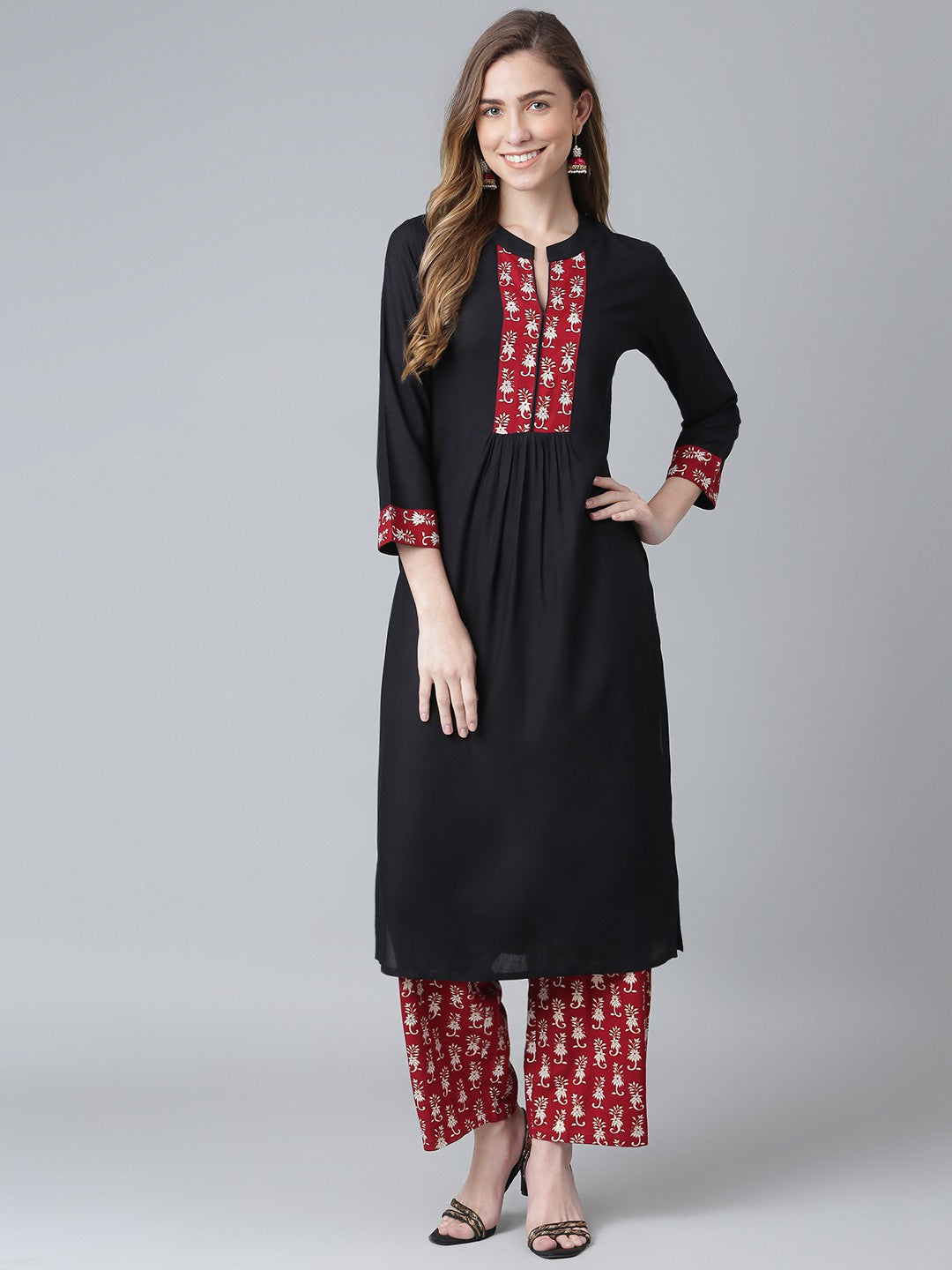 Khushal K Black Color Rayon Printed Kurta And Palazzo Set