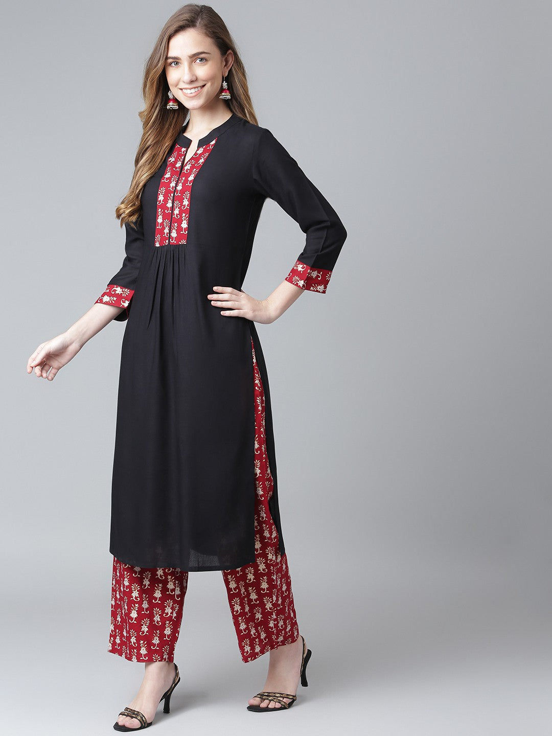 Khushal K Black Color Rayon Printed Kurta And Palazzo Set