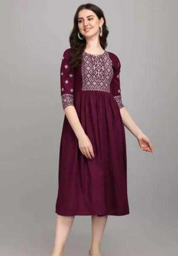 PAVONINE Wine Color Burfi-Design Embroidery Dress For Women - Distacart