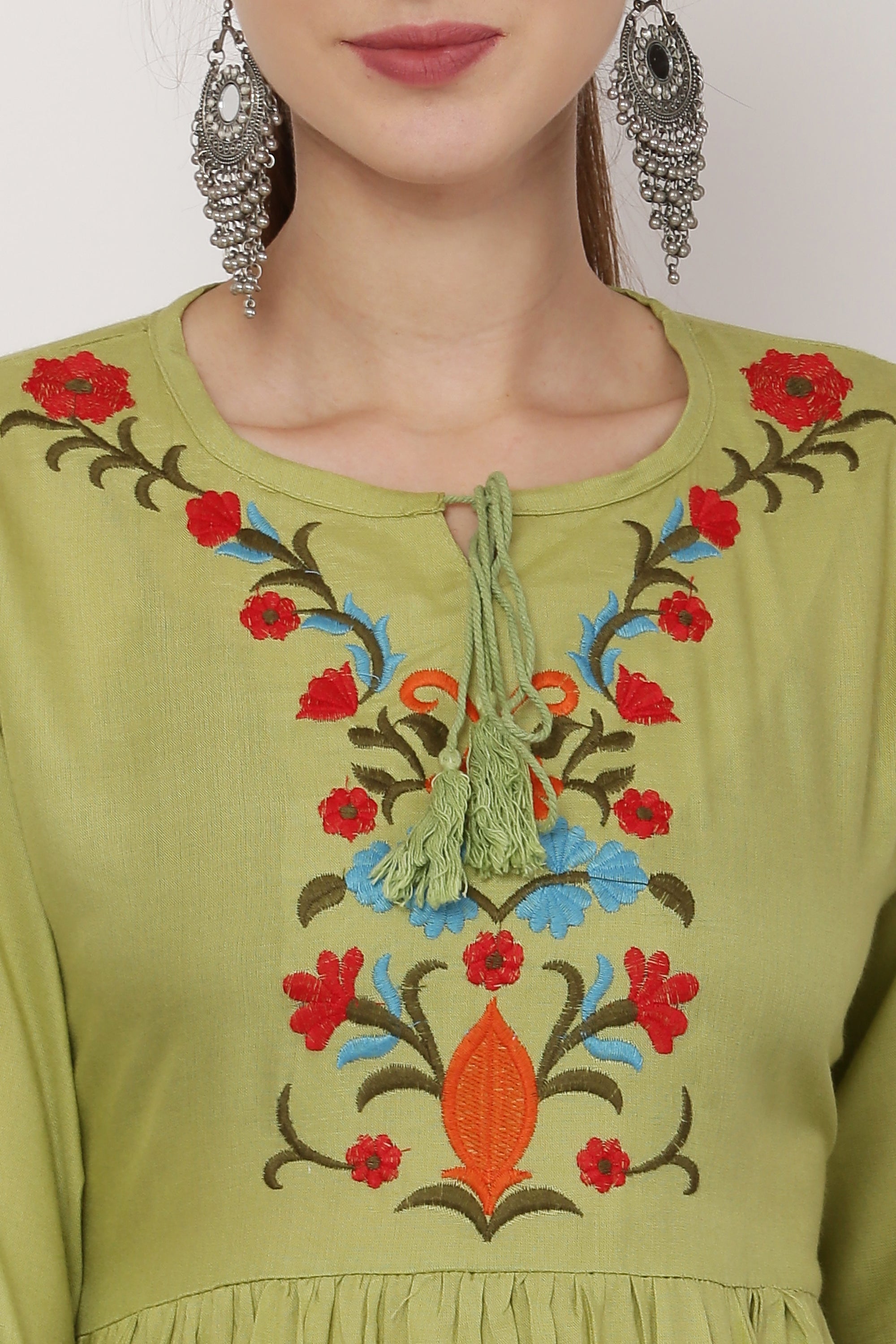 PAVONINE Pista Color Flower Embroidery Dress For Women - Distacart