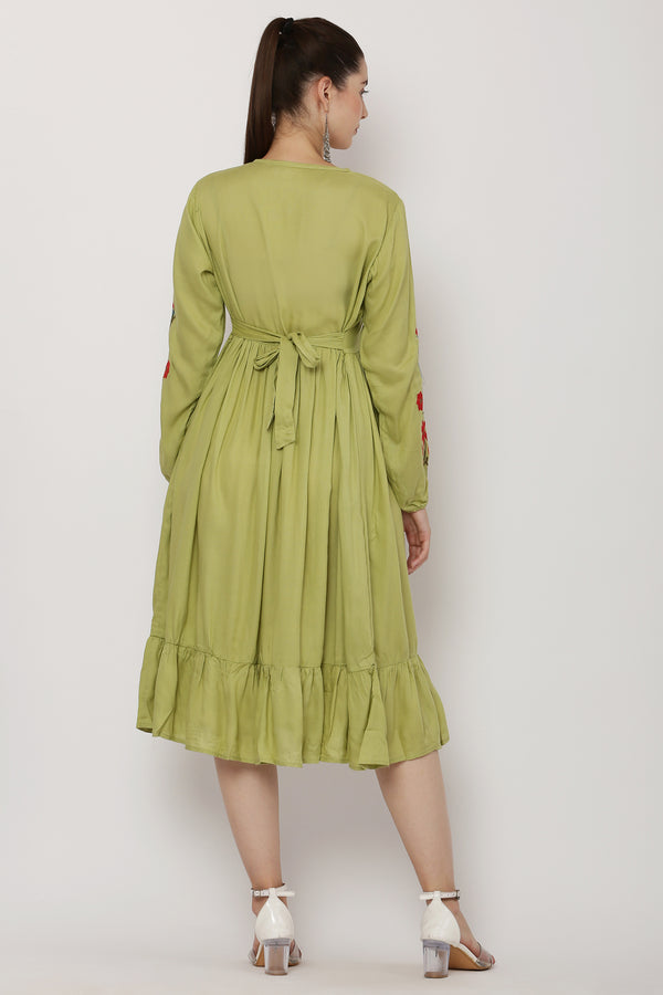 PAVONINE Pista Color Flower Embroidery Dress For Women - Distacart