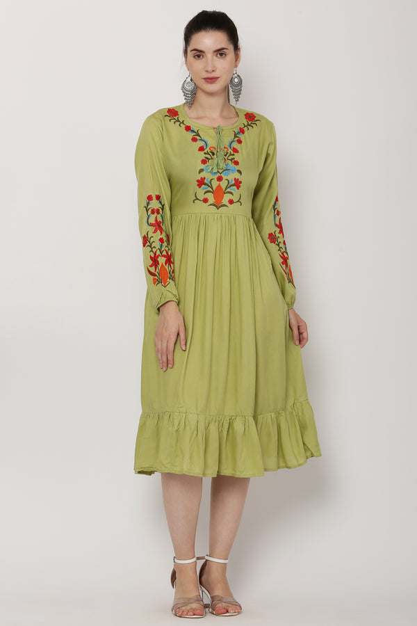 PAVONINE Pista Color Flower Embroidery Dress For Women - Distacart