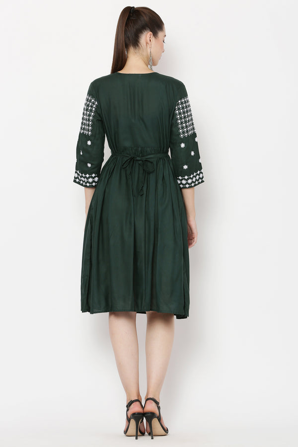 PAVONINE Bottle Green Color Polka Dots Embroidery Dress For Women - Distacart