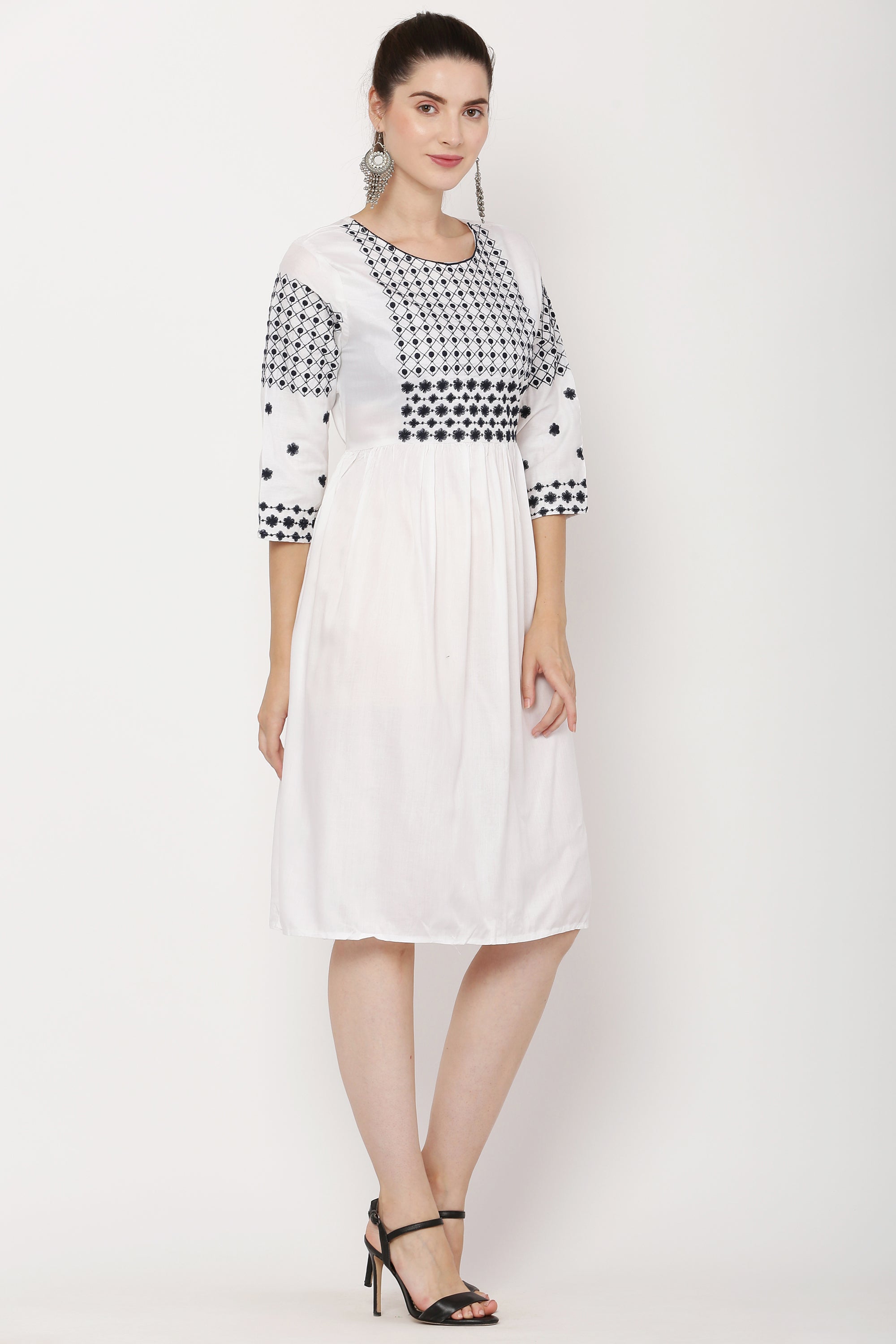 PAVONINE White Color Polka Dots Embroidery Dress For Women - Distacart