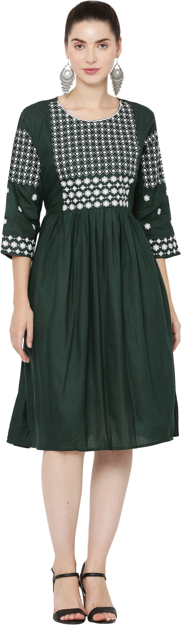 PAVONINE Bottle Green Color Polka Dots Embroidery Dress For Women - Distacart