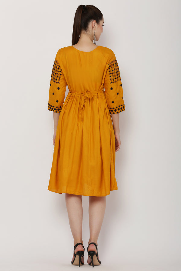 PAVONINE Mustard Color Polka Dots Embroidery Dress For Women - Distacart