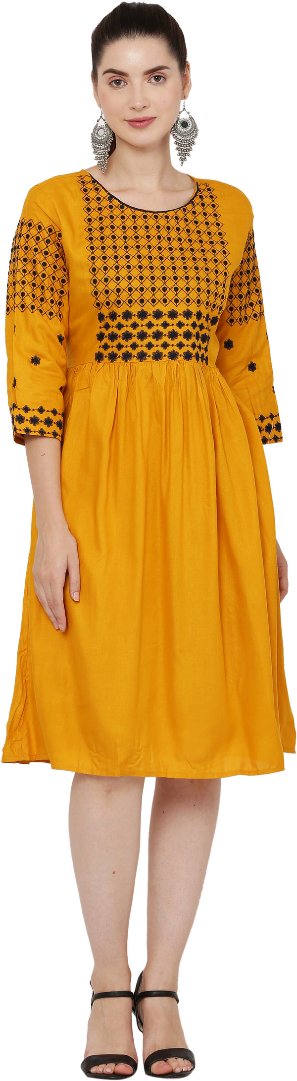 PAVONINE Mustard Color Polka Dots Embroidery Dress For Women - Distacart