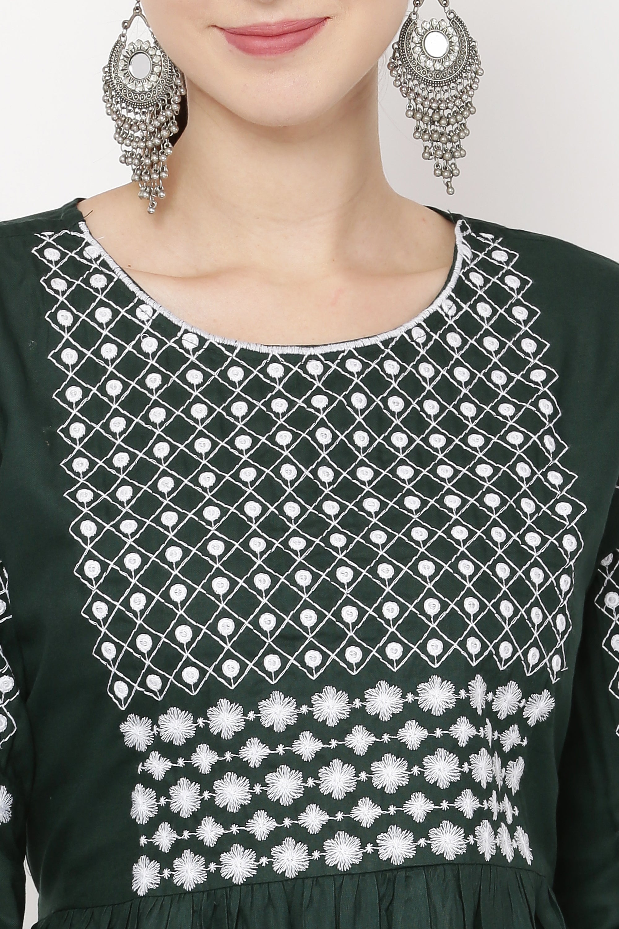 PAVONINE Bottle Green Color Polka Dots Embroidery Dress For Women - Distacart