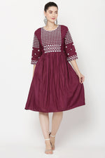 Thumbnail for PAVONINE Wine Color Polka Dots Embroidery Dress For Women - Distacart