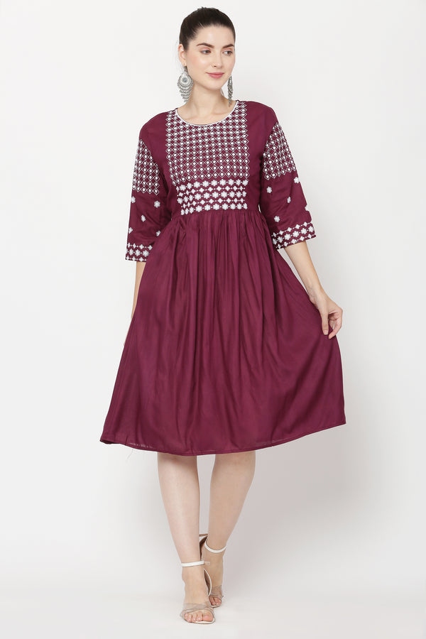 PAVONINE Wine Color Polka Dots Embroidery Dress For Women - Distacart