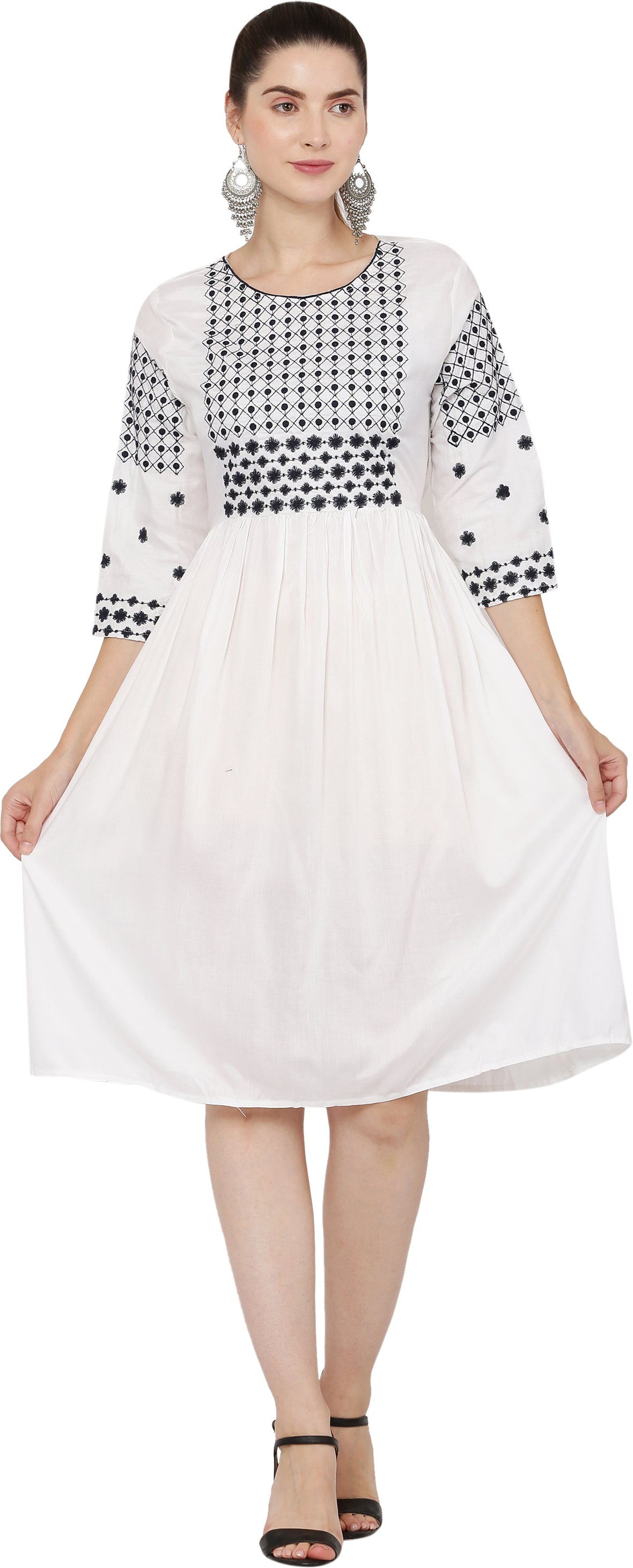 PAVONINE White Color Polka Dots Embroidery Dress For Women - Distacart