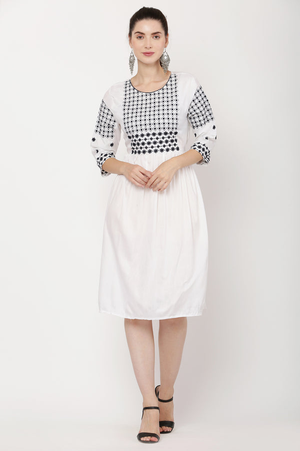 PAVONINE White Color Polka Dots Embroidery Dress For Women - Distacart