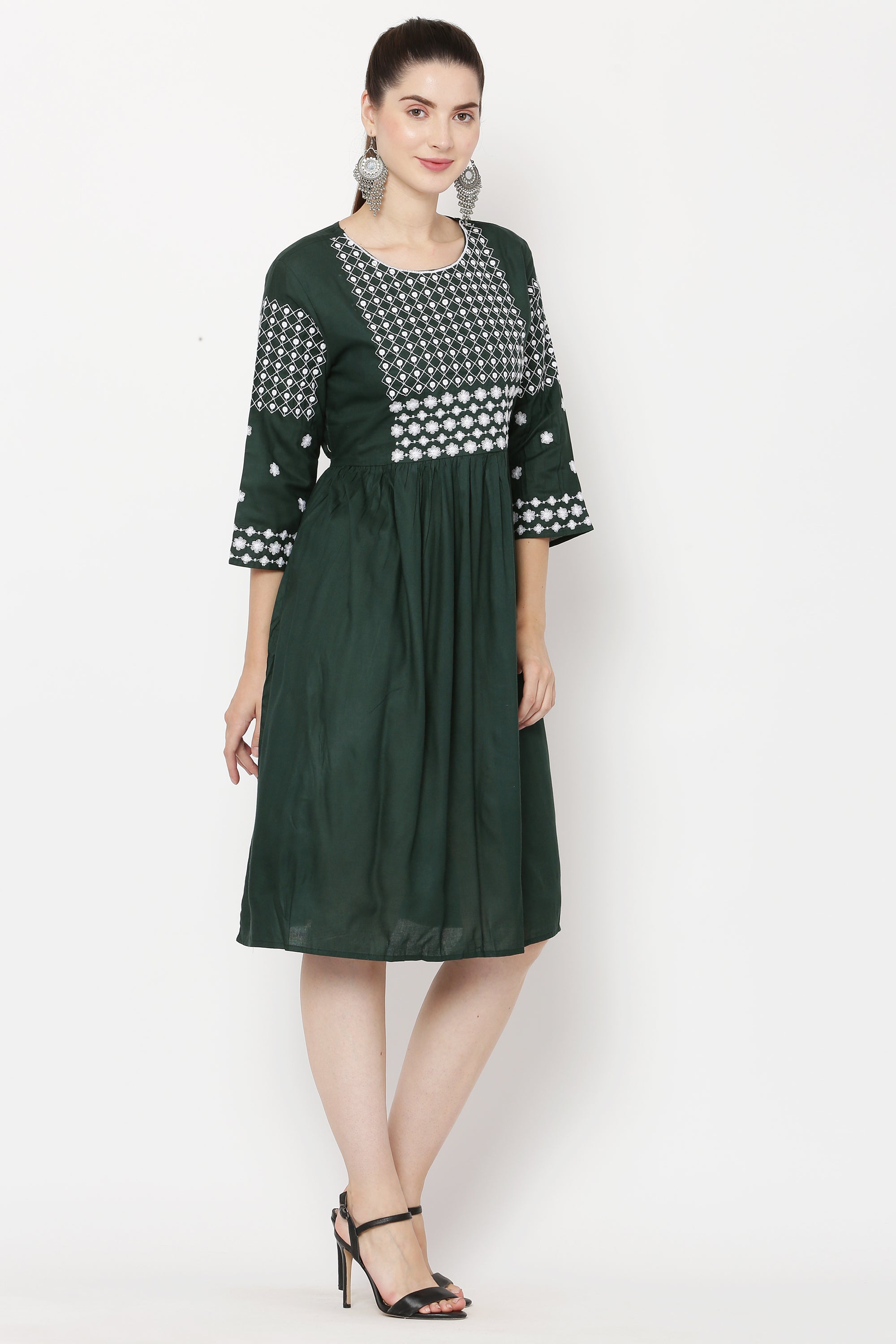 PAVONINE Bottle Green Color Polka Dots Embroidery Dress For Women - Distacart
