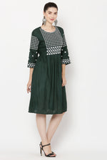 Thumbnail for PAVONINE Bottle Green Color Polka Dots Embroidery Dress For Women - Distacart