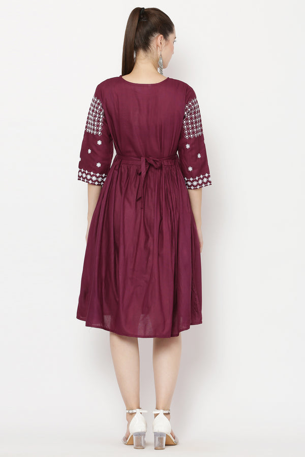 PAVONINE Wine Color Polka Dots Embroidery Dress For Women - Distacart
