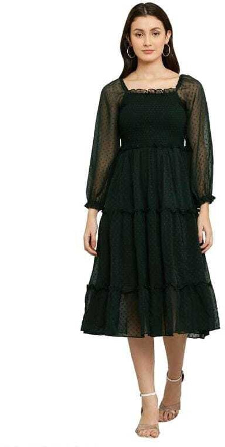 PAVONINE Buta-Design With Square-Neck Bottle Green Dress For Girls & Women - Distacart