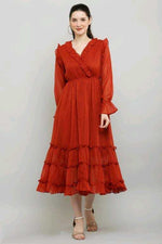 Thumbnail for PAVONINE Buta-Design With V-Neck Red Dress For Girls & Women - Distacart