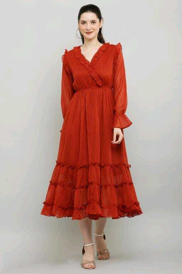 PAVONINE Buta-Design With V-Neck Red Dress For Girls & Women - Distacart