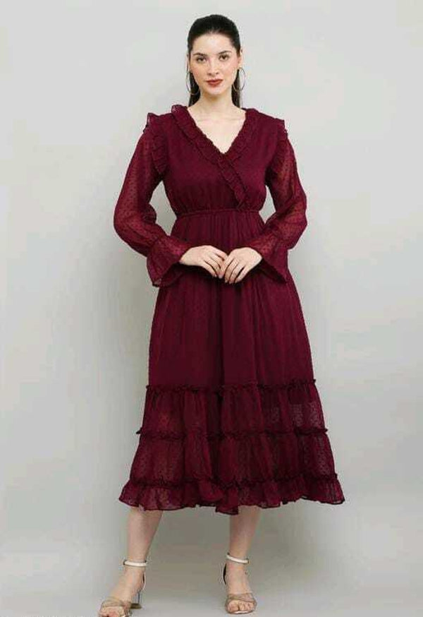 PAVONINE Buta-Design With V-Neck Wine Dress For Girls & Women - Distacart