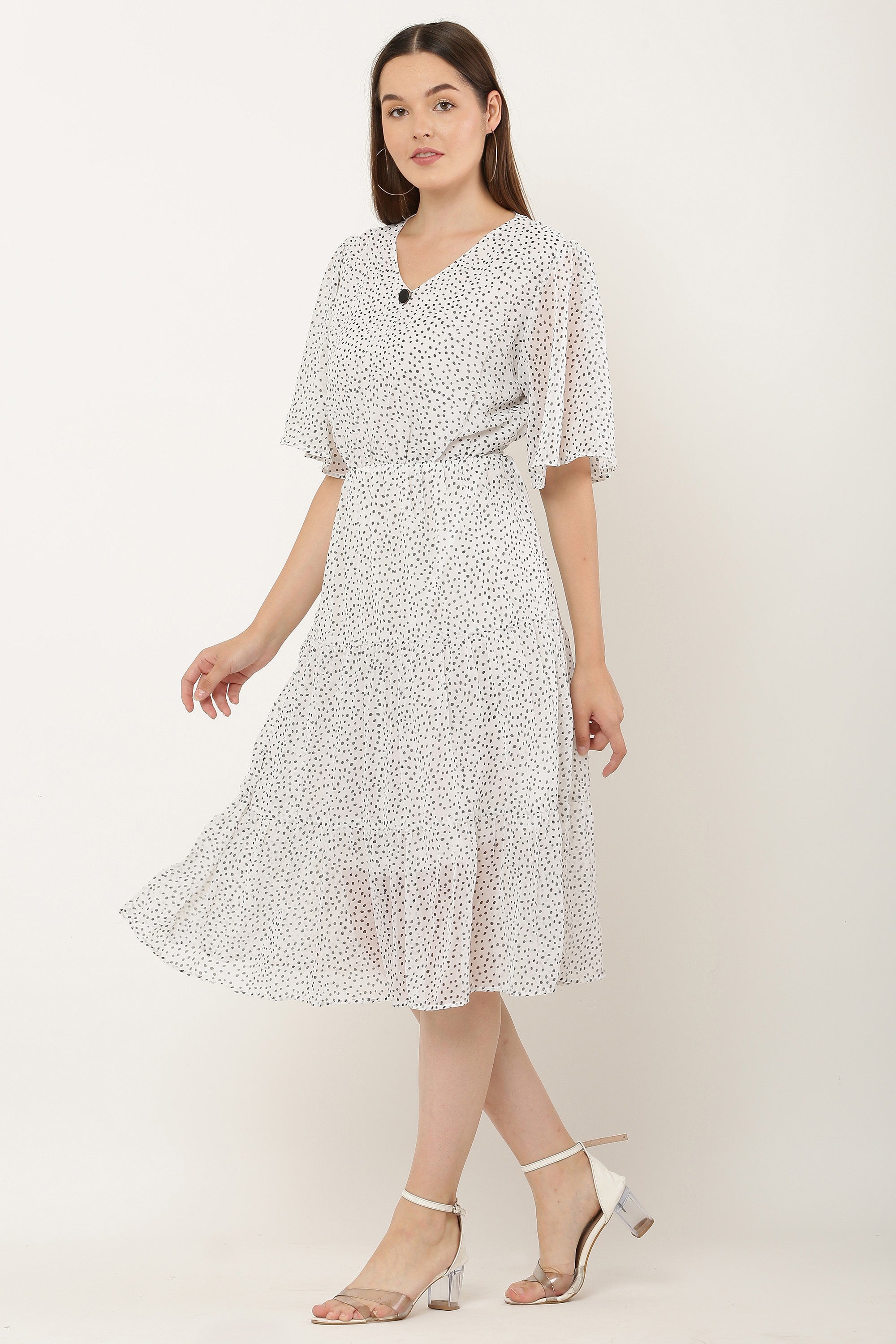 PAVONINE Micro Dots V-Neck Georgette Fabric White Dress For Women - Distacart